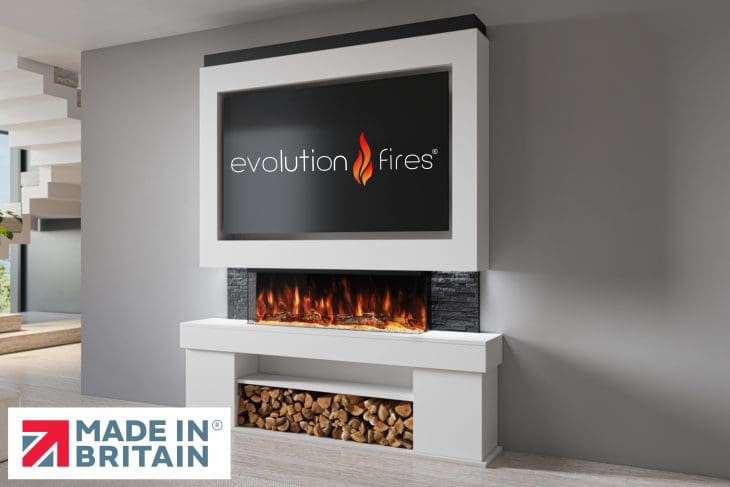 Package 3 pre-built media wall with electric fireplace – modern feature wall unit made in the UK by Evolution Fires