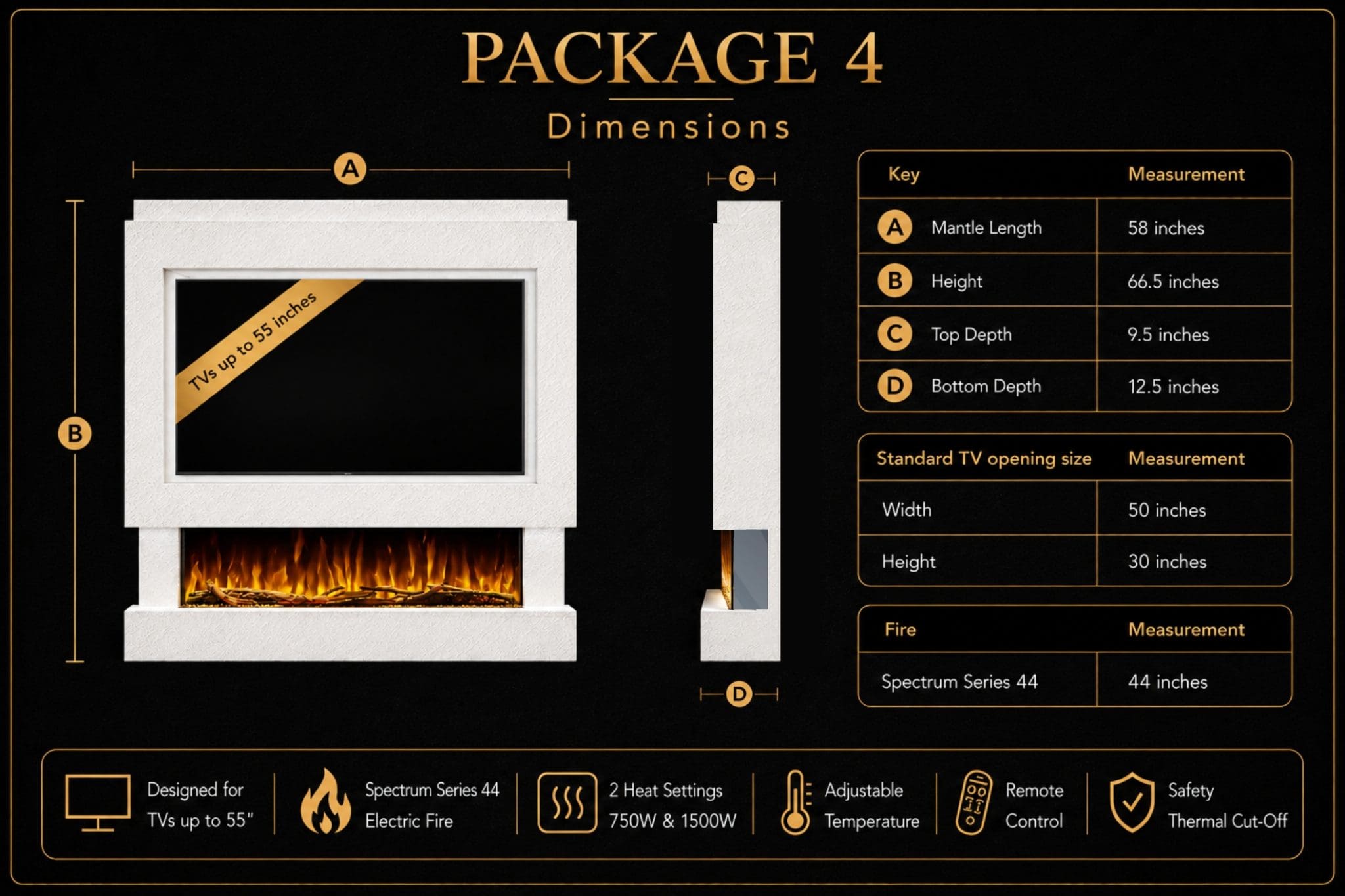 Package 4 media wall dimensions guide showing mantle length, height, TV opening, depth, Spectrum Series 44 inch electric fireplace and key features from Evolution Fires.