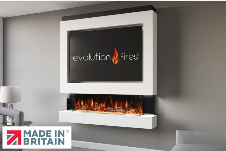 Package 4 pre-built media wall with electric fireplace – modern feature wall unit made in the UK by Evolution Fires