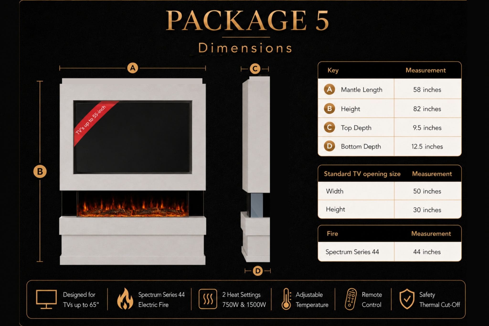 Package 5 media wall dimensions guide showing mantle length, height, TV opening, depth, Spectrum Series 44 inch electric fireplace and key features from Evolution Fires.