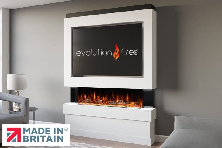 Package 5 pre-built media wall with electric fireplace – modern feature wall unit made in the UK by Evolution Fires