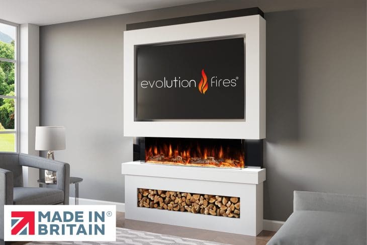Package 6 pre-built media wall with electric fireplace – modern feature wall unit made in the UK by Evolution Fires