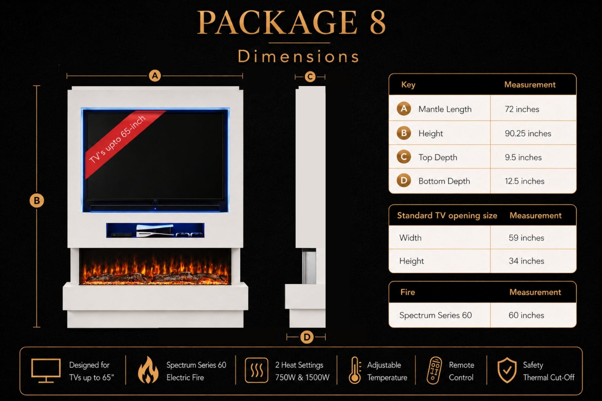 Package 8 media wall dimensions guide showing mantle length, height, TV opening, depth, Spectrum Series 60 inch electric fireplace and media shelf from Evolution Fires.