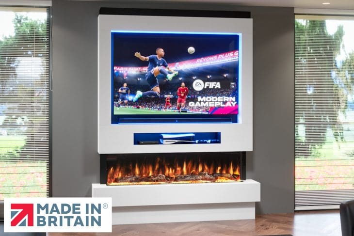 Package 8 pre-built media wall with electric fireplace – modern feature wall unit made in the UK by Evolution Fires