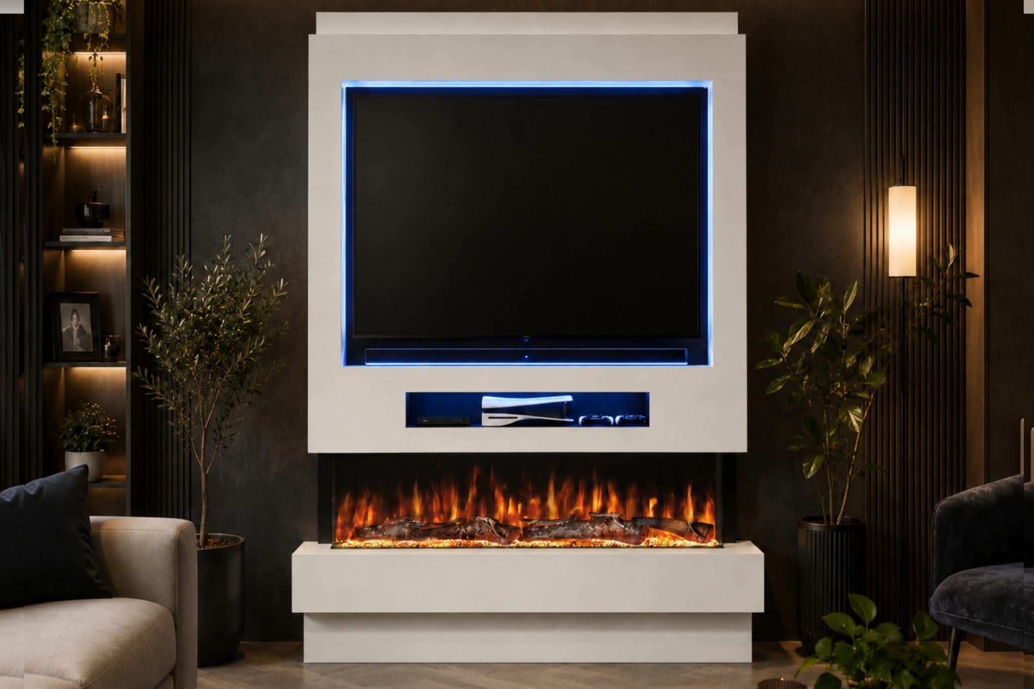 Package 8 White pre-built media wall with integrated electric fireplace, TV recess and media shelf from Evolution Fires.