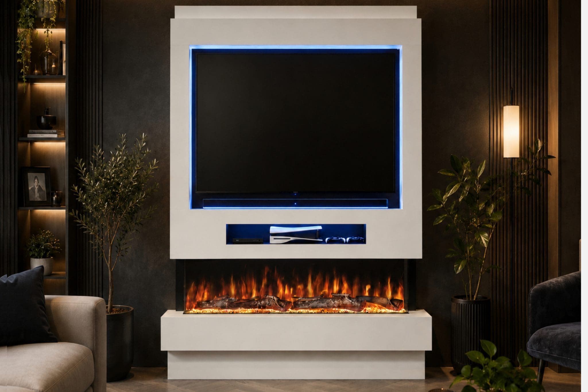 Package 8 White pre-built media wall with 60 inch integrated electric fireplace, TV recess and media shelf from Evolution Fires.