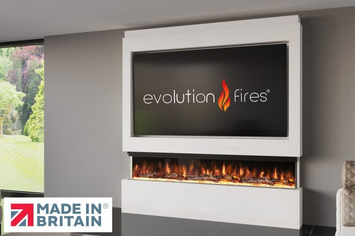 Package 9 pre-built media wall with electric fireplace – modern feature wall unit made in the UK by Evolution Fires