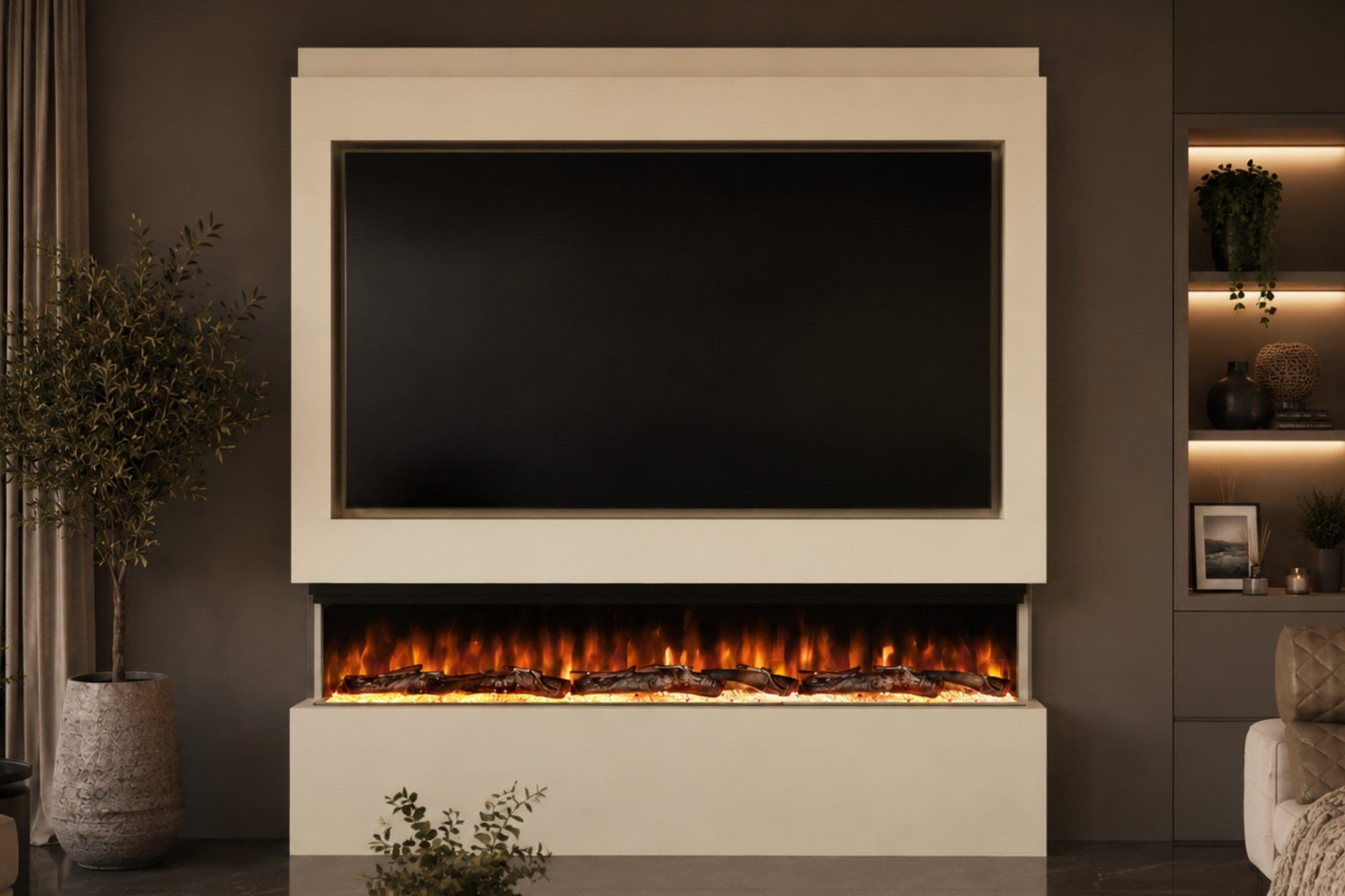 Package 9 Cream pre-built media wall with 72 inch integrated electric fireplace and TV recess from Evolution Fires.