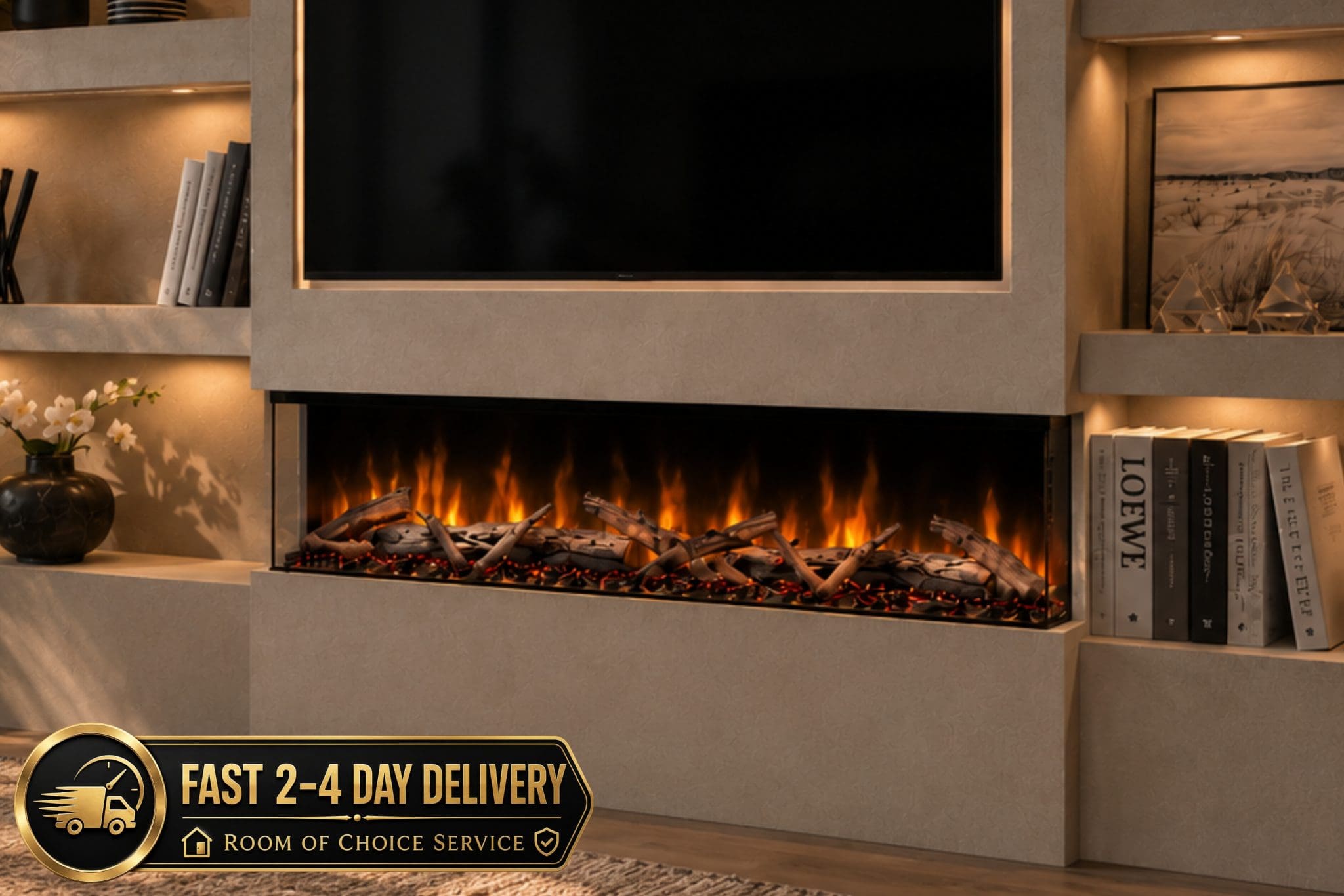 Spectrum Series 50 built-in electric fireplace shown in a modern media wall with illuminated shelves, realistic flame effect and fast 2 to 4 day delivery from Evolution Fires.