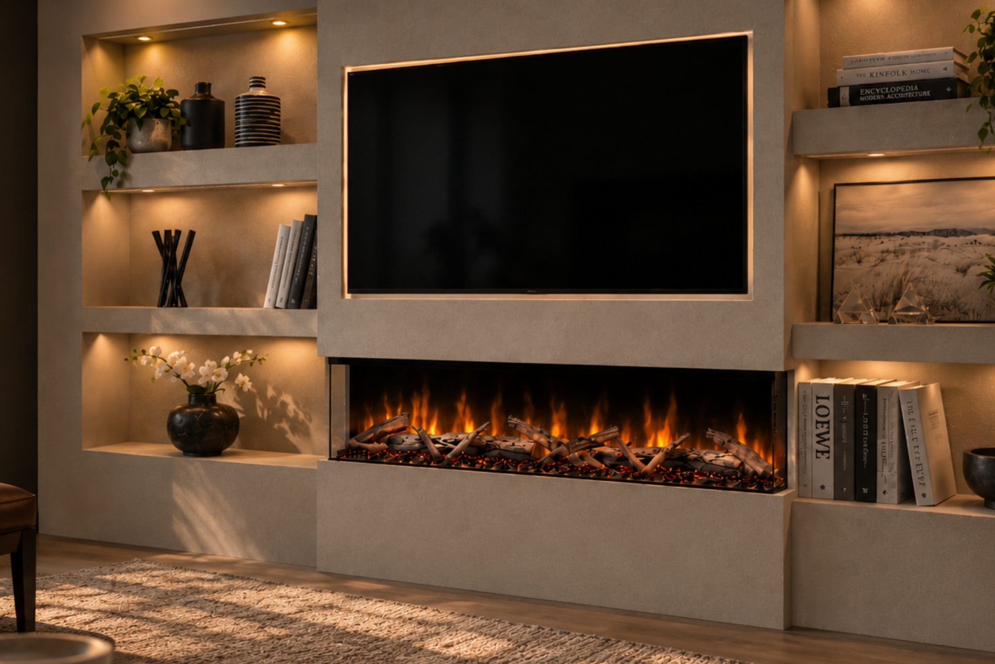 Spectrum Series 50 Inch 3-Sided Electric Fireplace for Media Walls - Media wall electric fireplace with panoramic 3-sided flames, realistic effects and fast delivery. - Image 2