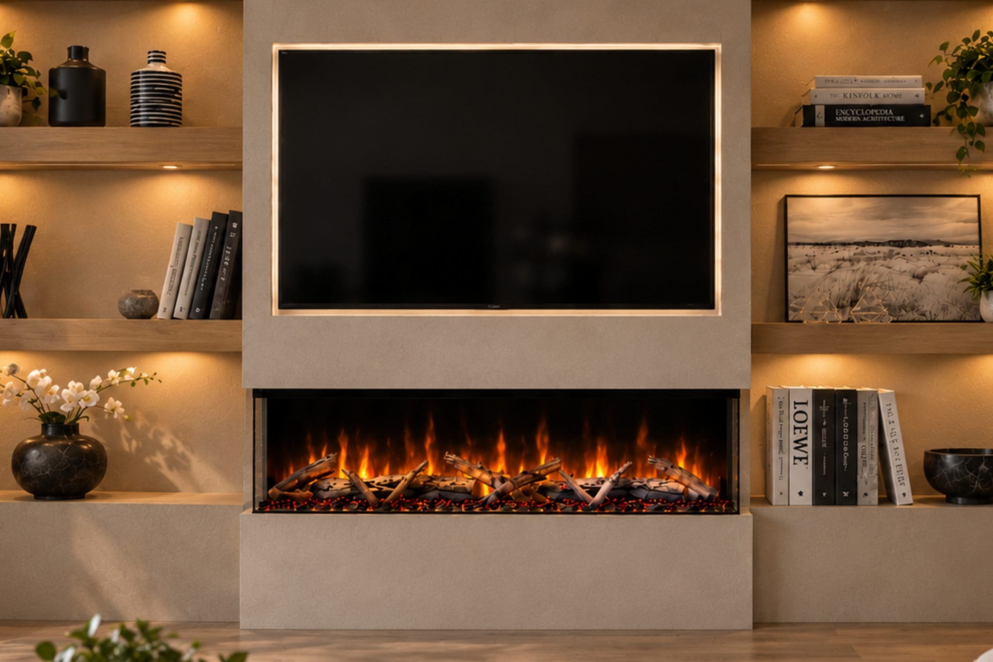 Spectrum Series 50 Inch 3-Sided Electric Fireplace for Media Walls - Media wall electric fireplace with panoramic 3-sided flames, realistic effects and fast delivery. - Image 3