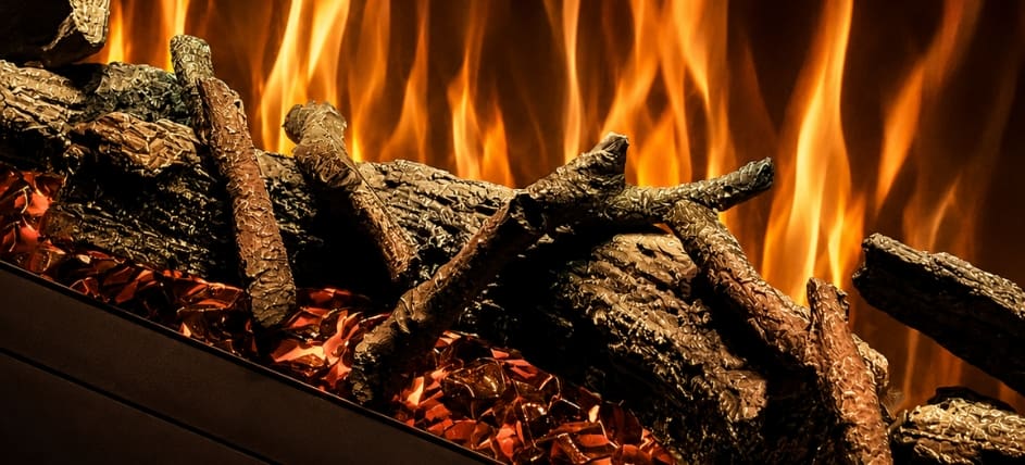 Spectrum electric fireplace log set close-up with realistic flame effect, smoked gems and glowing ember fuel bed.