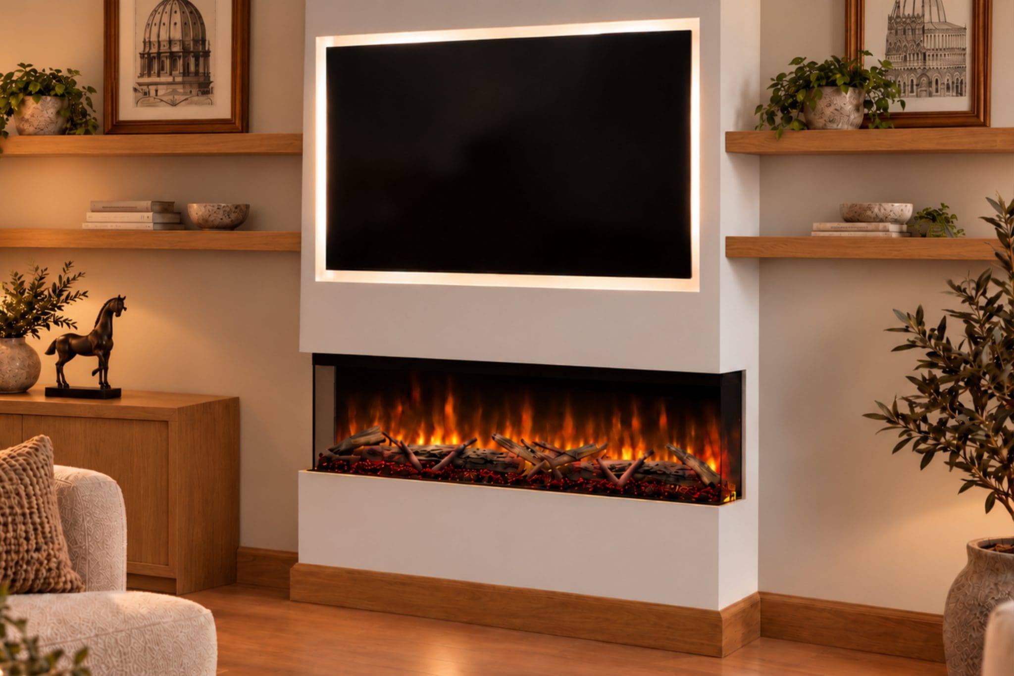 Spectrum Series 44 Inch 3-Sided Electric Fireplace for Media Walls - Media wall electric fireplace with panoramic 3-sided flames, realistic effects and fast delivery. - Image 2
