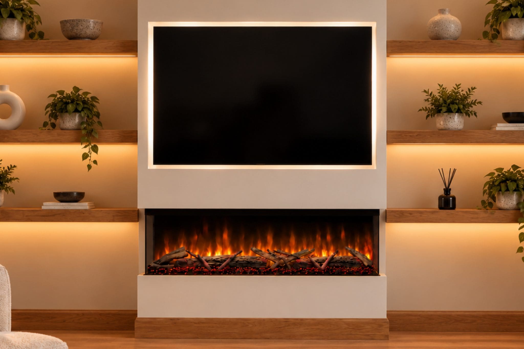 Spectrum Series 44 Inch 3-Sided Electric Fireplace for Media Walls - Media wall electric fireplace with panoramic 3-sided flames, realistic effects and fast delivery. - Image 3
