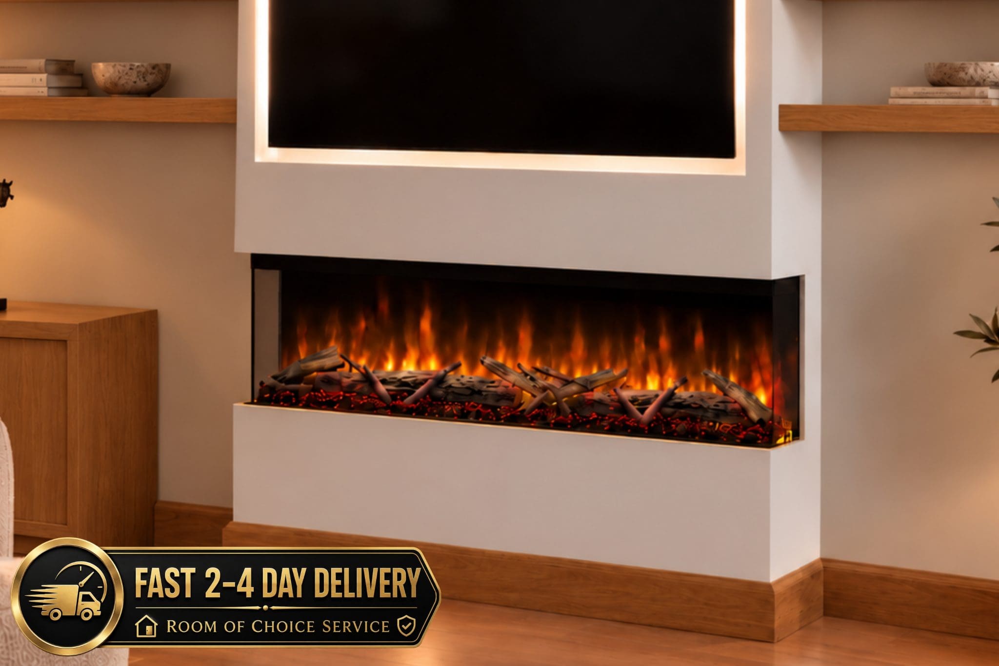 Spectrum Series 44 built-in electric fireplace shown in a modern living room media wall with TV recess and realistic flame effect from Evolution Fires.