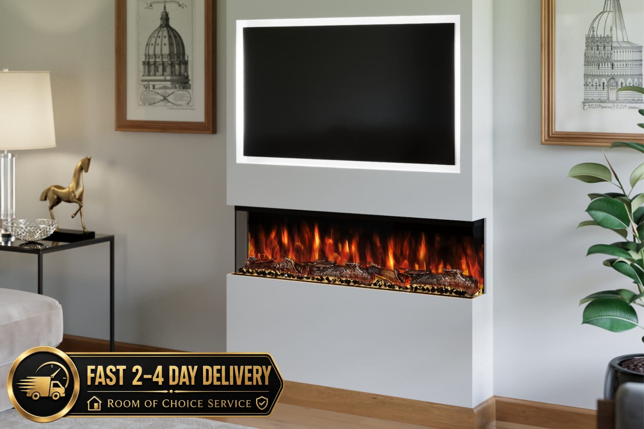 Spectrum Series 44 built-in electric fireplace shown in a modern living room media wall with TV recess and realistic flame effect from Evolution Fires.