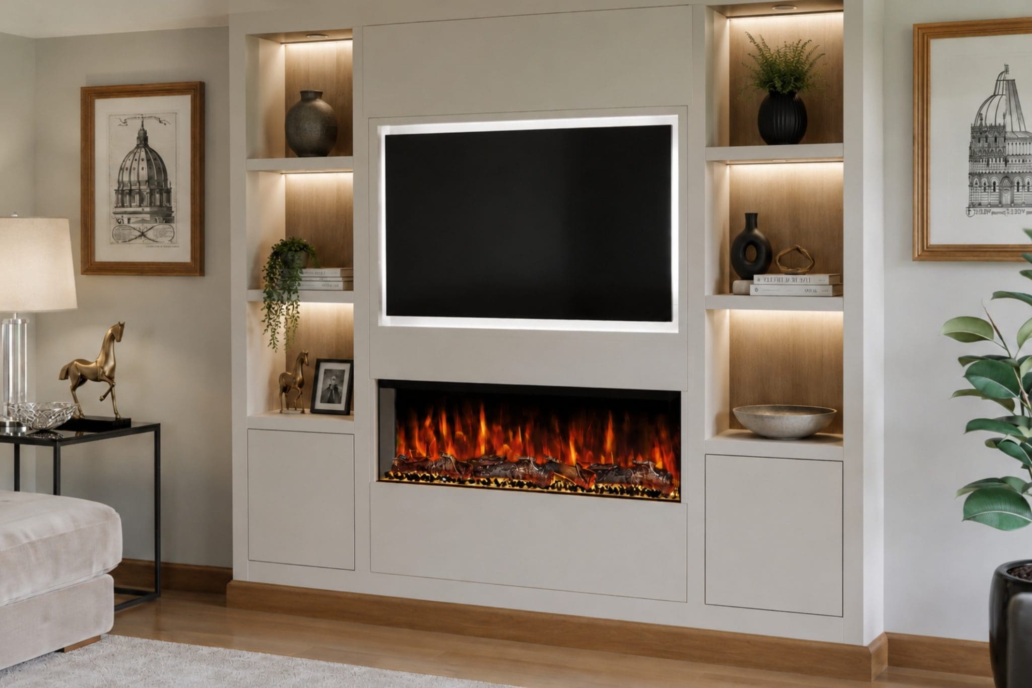 Spectrum Series 44 single sided built-in electric fireplace shown in a modern media wall with illuminated shelves, TV recess and realistic flame effect from Evolution Fires.