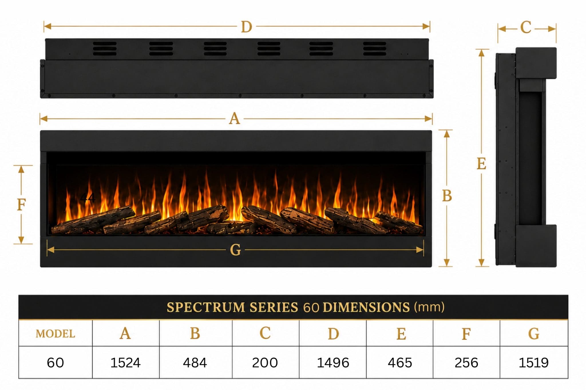 Spectrum Series 60 dimensions guide showing front, top and side measurements for the 60 inch built-in electric fireplace from Evolution Fires.