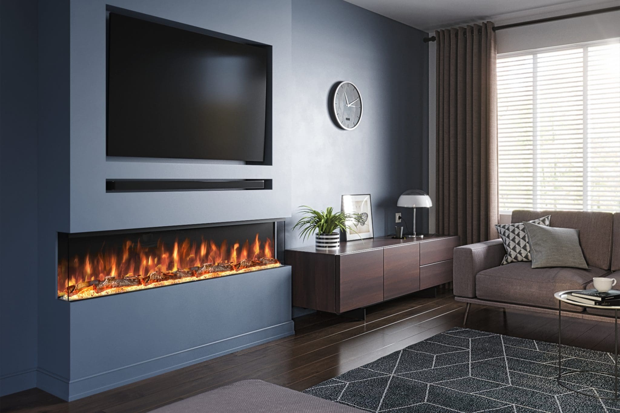 This Spectrum Series 60 image from Evolution Fires shows the 60 inch built-in electric fireplace installed in a modern media wall setting. The image highlights the wide flame display, realistic log fuel bed and clean built-in finish, while also promoting fast 2 to 4 day delivery with room of choice service. A strong product image for customers who want a premium built-in electric fireplace with realistic flames, a modern media wall look and quick delivery to their chosen room.