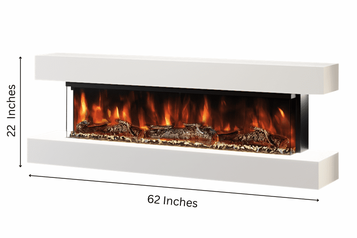 Studio 5 62-Inch Wall Mounted Electric Fireplace in White finish – wall-mounted electric fireplace with realistic flame effect by Evolution Fires