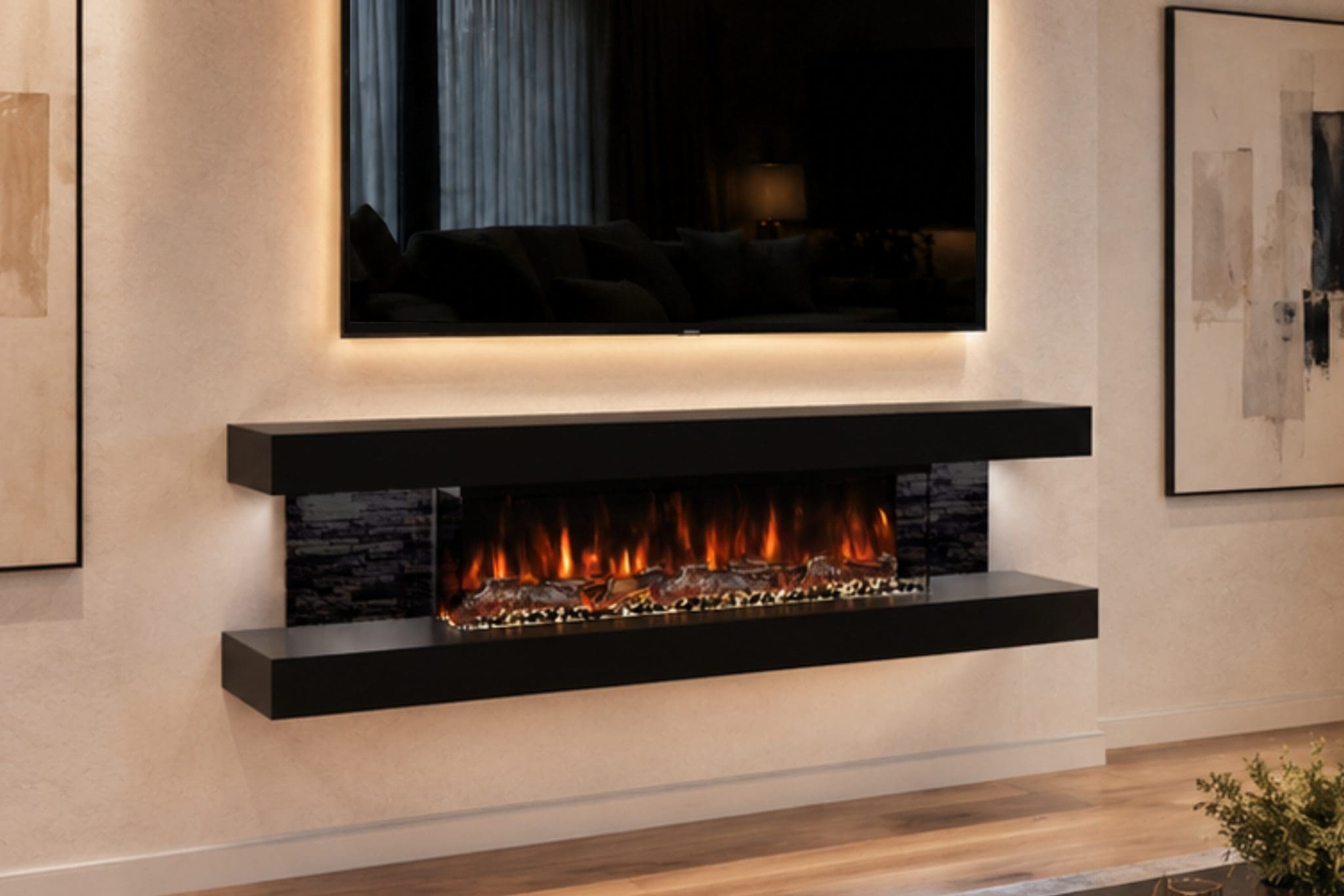Vegas black mantel electric fireplace suite close-up with black stone side panels, realistic flame effect and wall mounted TV.