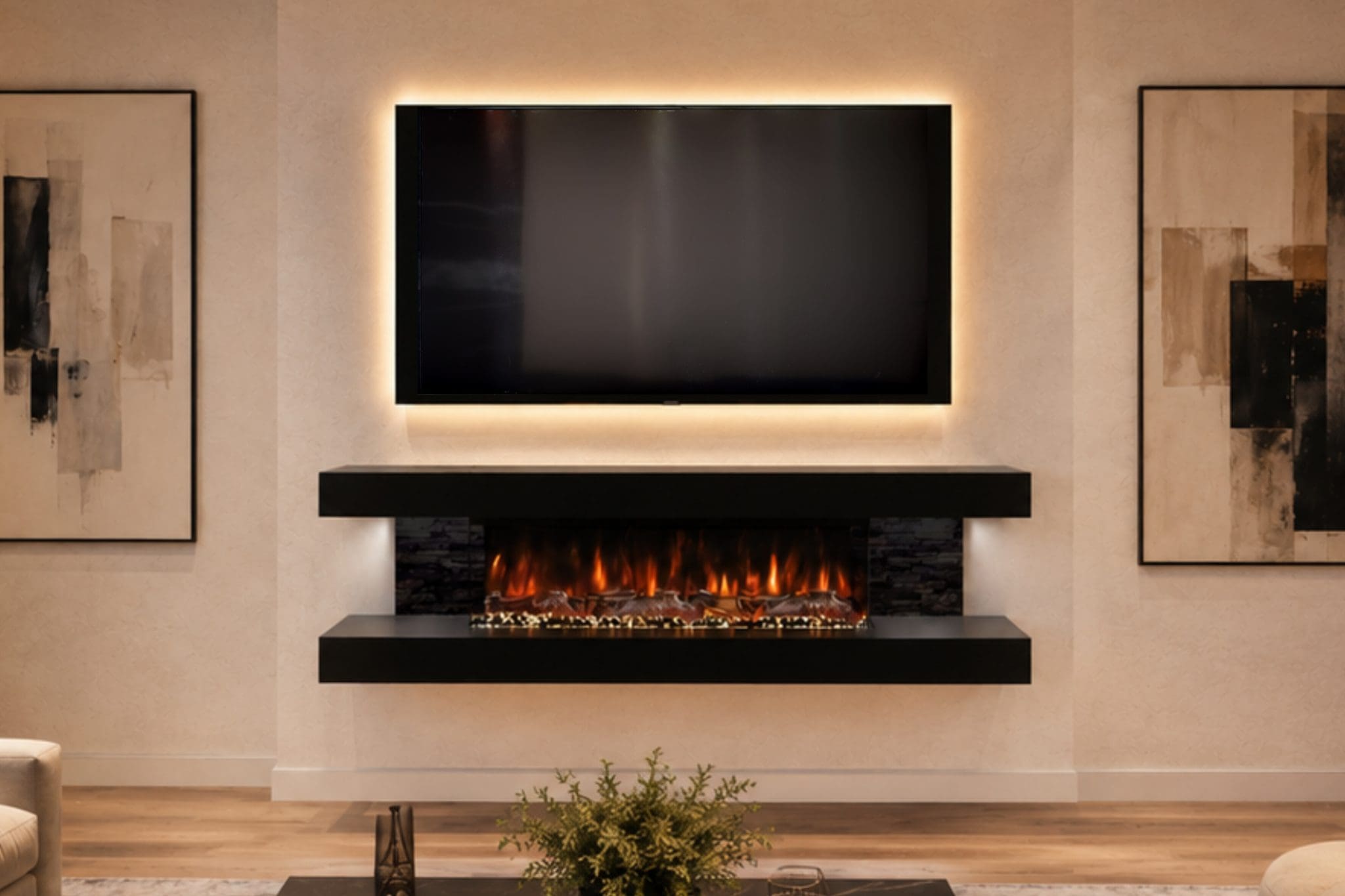 Vegas black mantel electric fireplace suite with black stone side panels, realistic flame effect and modern feature wall.