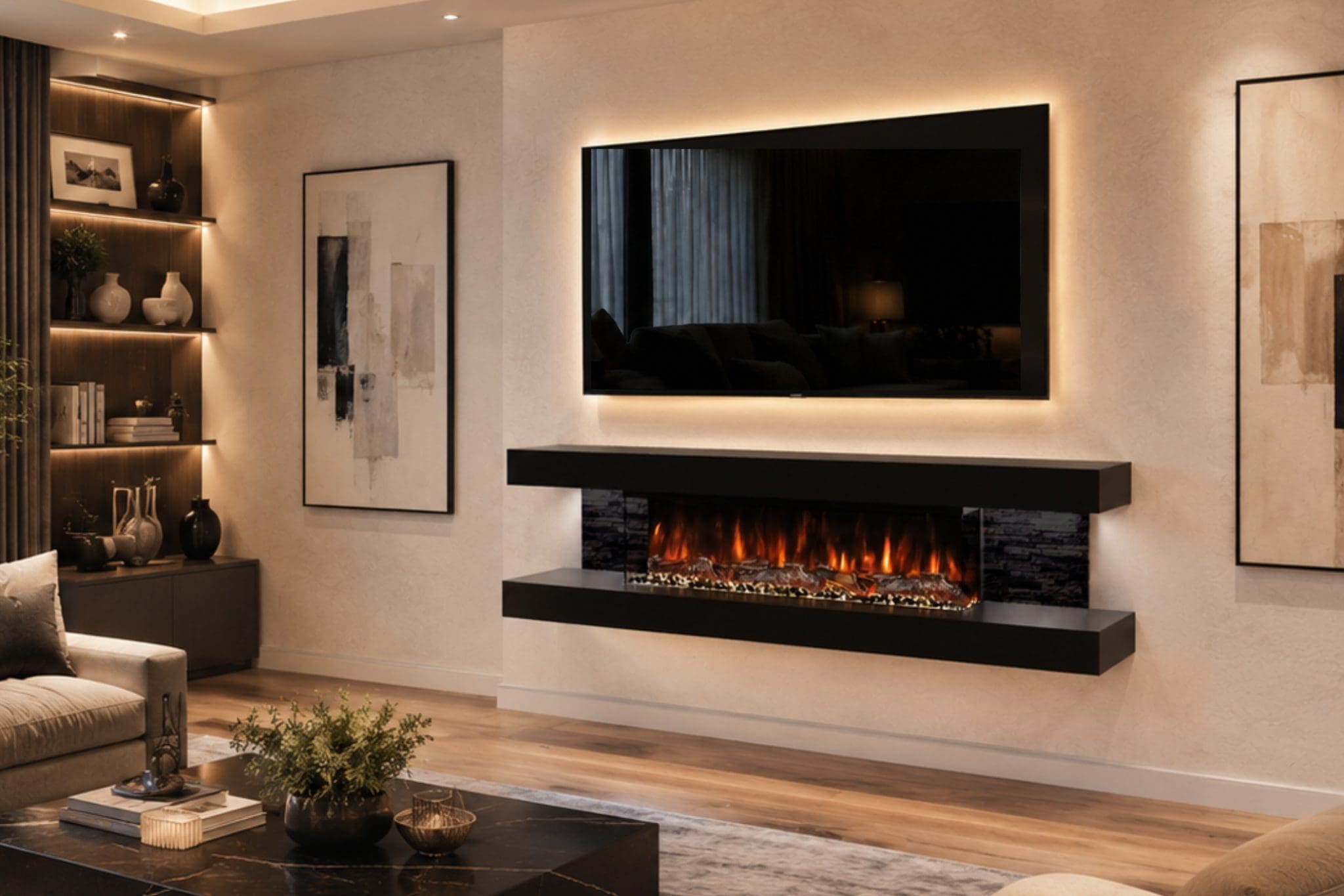 Vegas black mantel electric fireplace suite with black stone side panels, realistic flame effect and luxury living room feature wall.