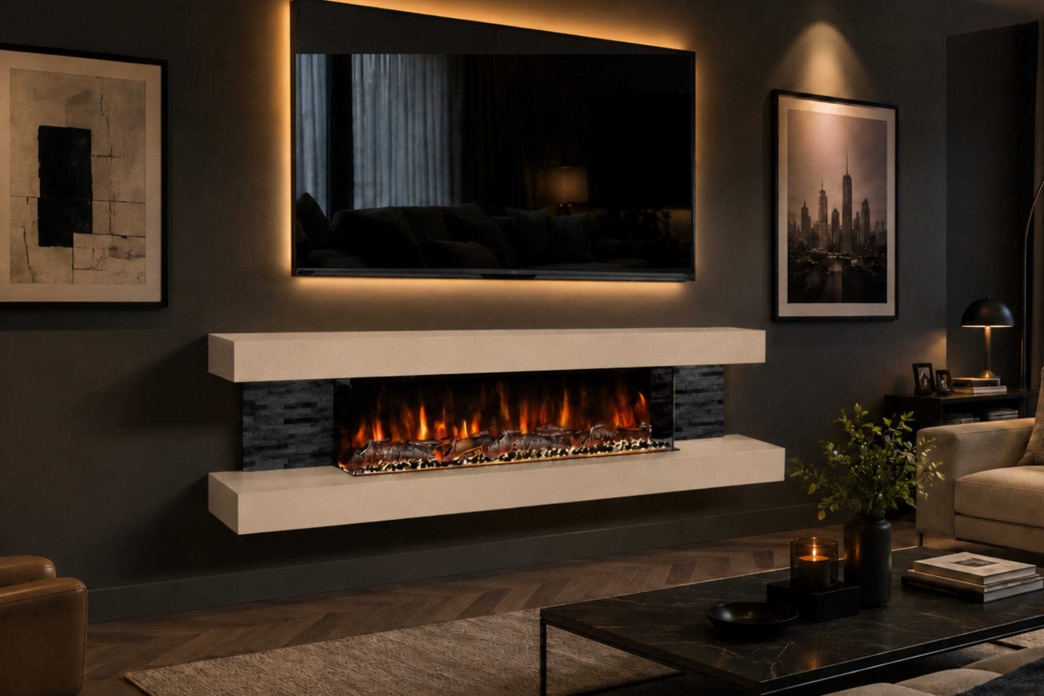 Vegas cream wall mounted electric fireplace close-up lifestyle view with realistic flame effect, black side panels, LED-lit TV feature and luxury modern room styling.