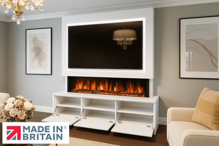 Package 21 pre-built media wall with electric fireplace and storage – modern feature wall unit made in the UK by Evolution Fires