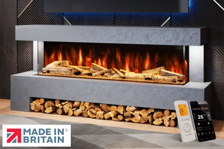 Angelo Electric Fireplace Suite in Grey Venation Stone Finish – wall-mounted textured electric fireplace suite by Evolution Fires