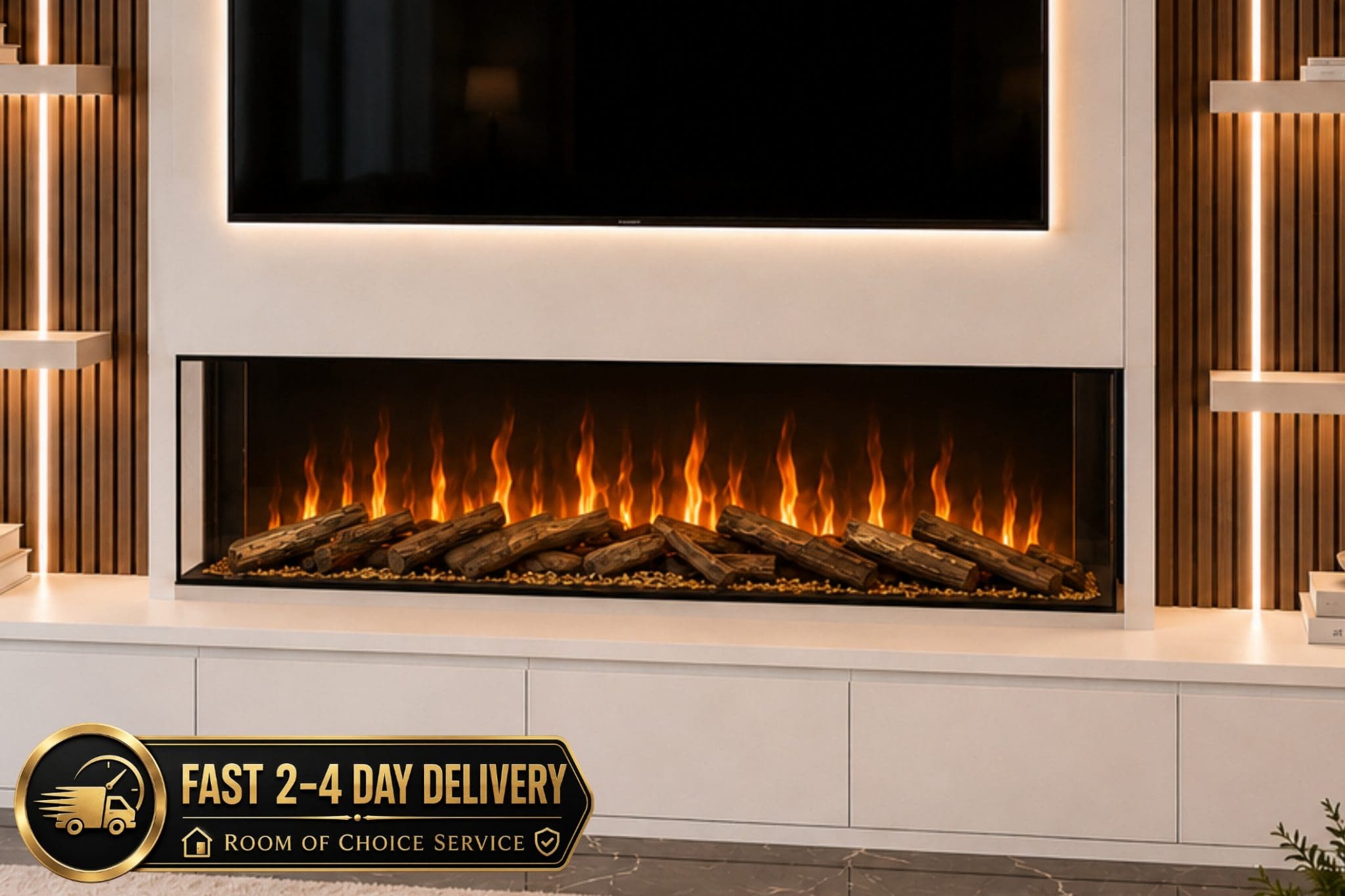 Evervue 60 built-in electric fireplace shown in a modern slatted media wall with realistic logs, warm flame effect, TV recess and fast 2 to 4 day delivery from Evolution Fires.