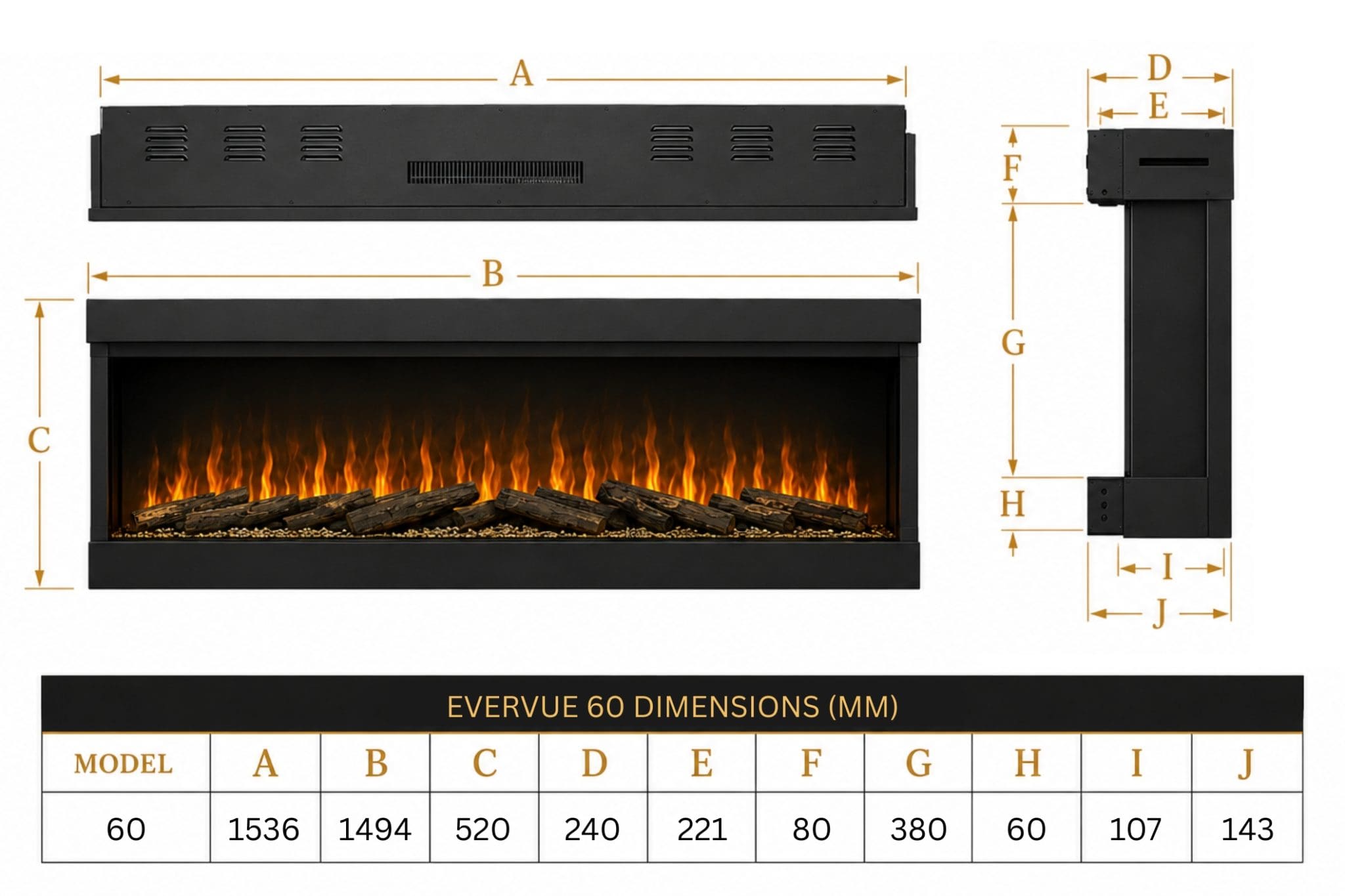 Evervue 60 dimensions guide showing front, top and side measurements for the 60 inch built-in electric fireplace from Evolution Fires.