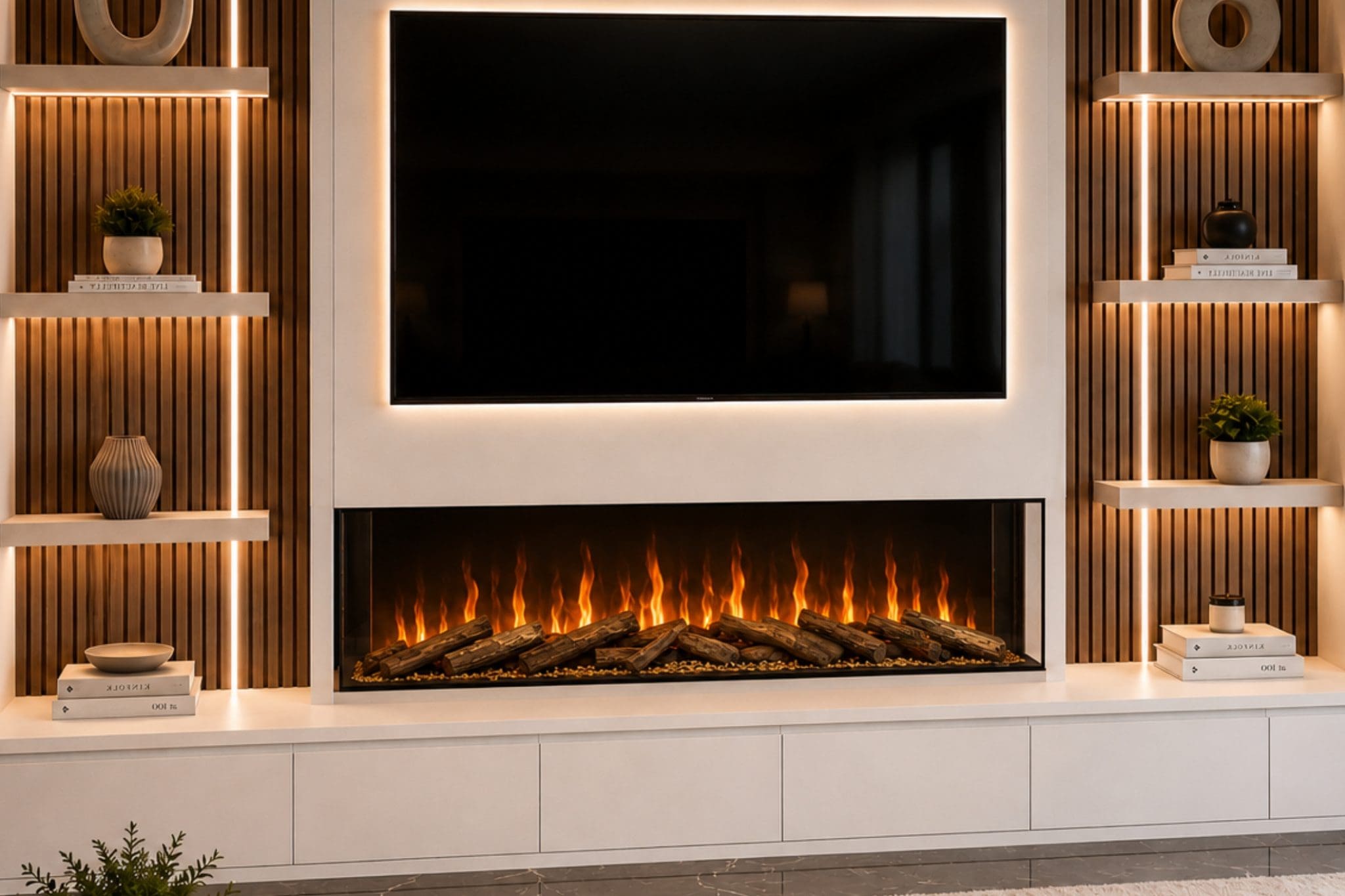 Evervue 60 built-in electric fireplace shown in a modern slatted media wall with realistic logs, warm flame effect, TV recess and three-sided glass view from Evolution Fires.