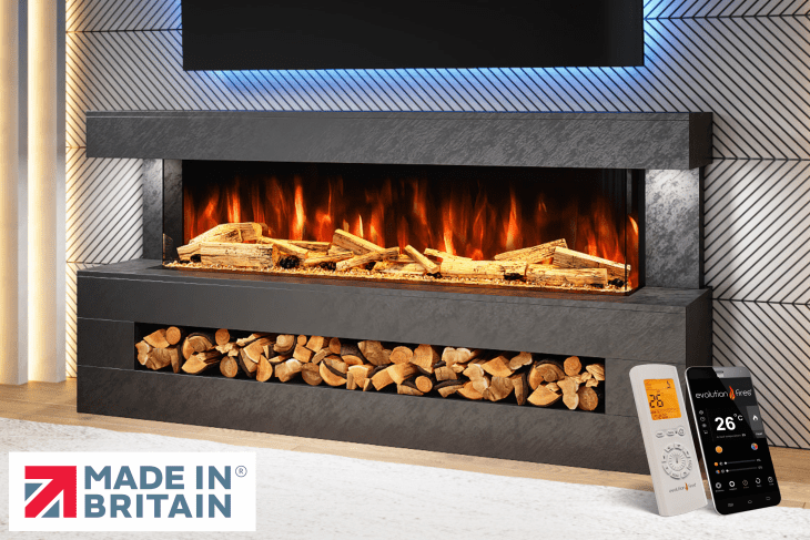 DaVinci Electric Fireplace Suite in Black Venation Stone Finish – wall-mounted textured electric fireplace suite by Evolution Fires