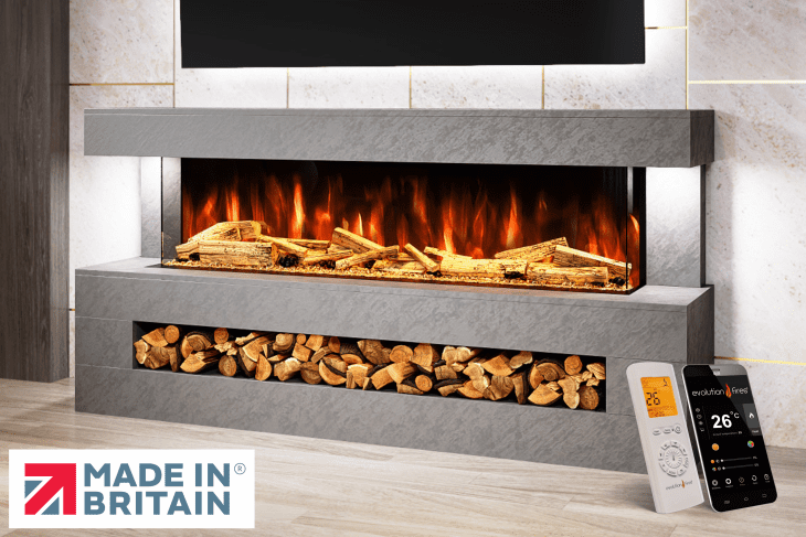 DaVinci Electric Fireplace Suite in Grey Venation Stone Finish – wall-mounted textured electric fireplace suite by Evolution Fires
