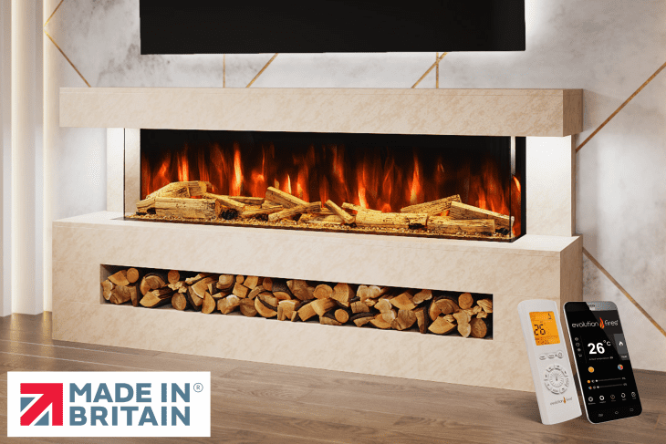 DaVinci Electric Fireplace Suite in Pearl Venation Stone Finish – wall-mounted textured electric fireplace suite by Evolution Fires