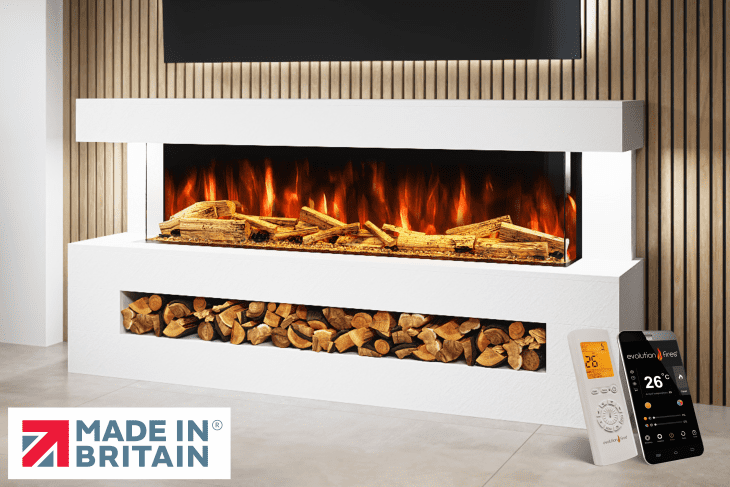 DaVinci Electric Fireplace Suite in White Venation Stone Finish – wall-mounted textured electric fireplace suite by Evolution Fires