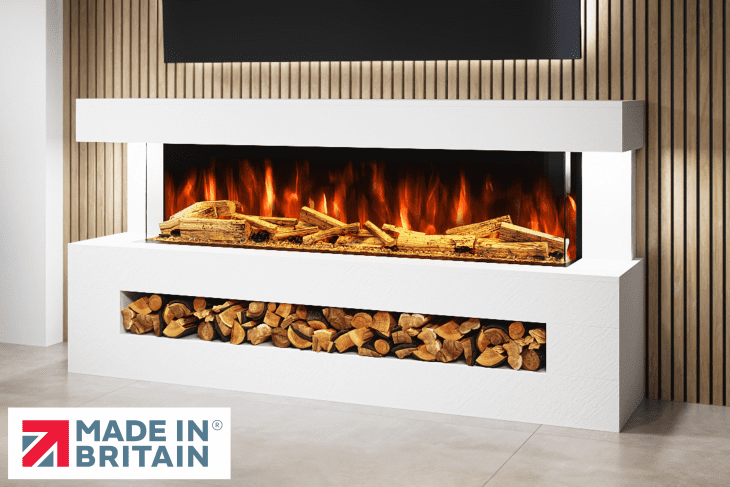 DaVinci Electric Fireplace Suite in Pearl Venation Stone Finish – wall-mounted textured electric fireplace suite by Evolution Fires