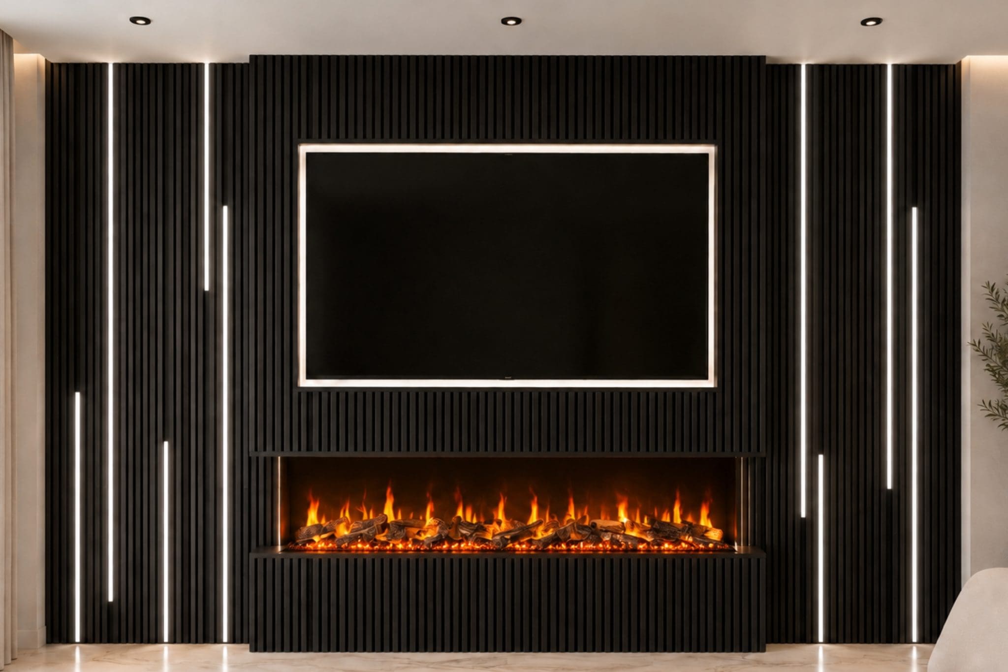 Evervue 72 built-in electric fireplace shown straight-on in a black slatted media wall with realistic logs, warm flame effect, TV recess and three-sided glass view from Evolution Fires.