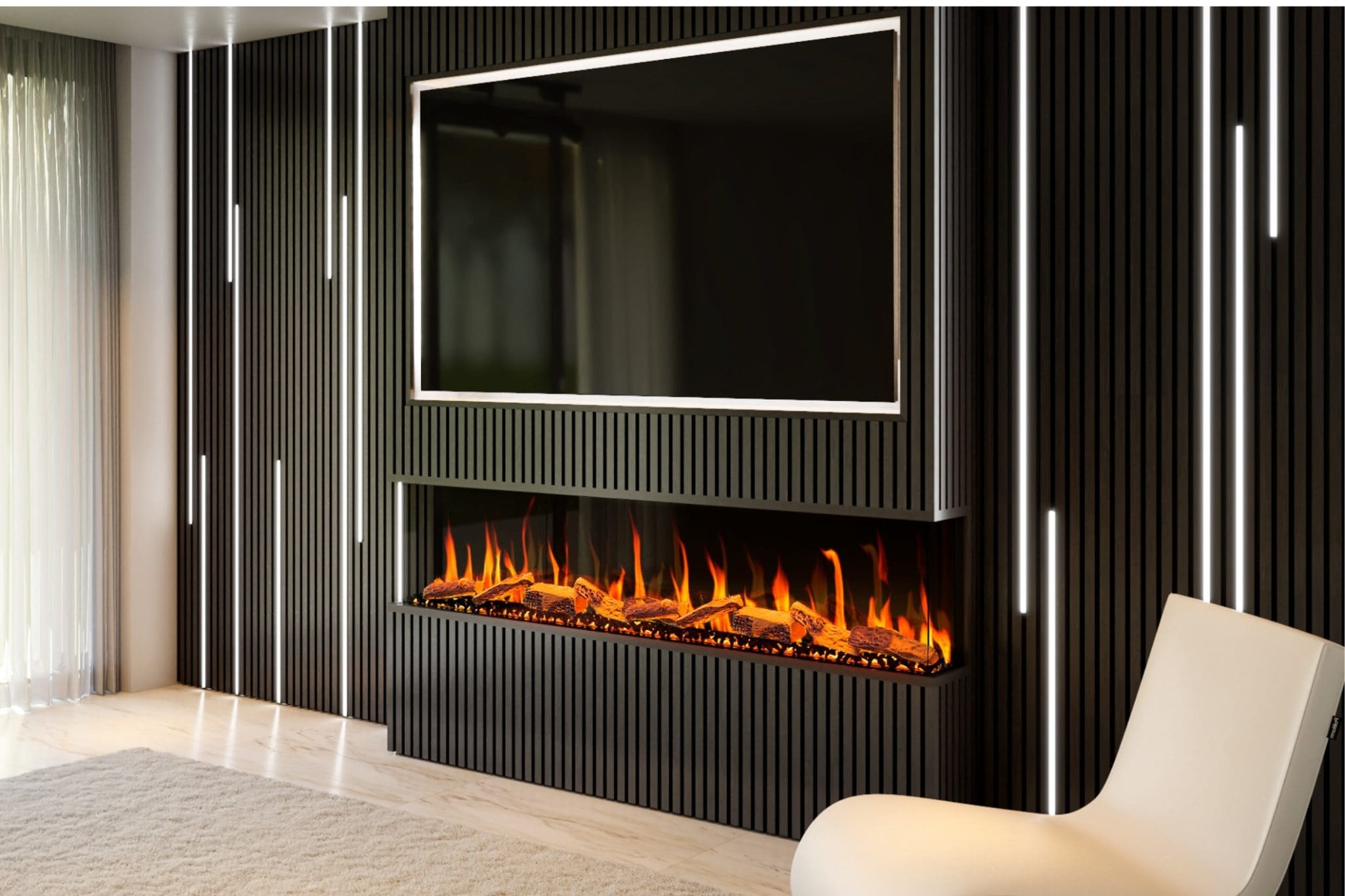 Evervue 72 built-in electric fireplace shown in a black slatted media wall with realistic logs, warm flame effect, TV recess and three-sided glass view from Evolution Fires.