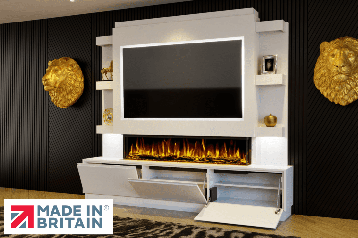 Package 22 pre-built media wall with electric fireplace and storage – modern feature wall unit made in the UK by Evolution Fires