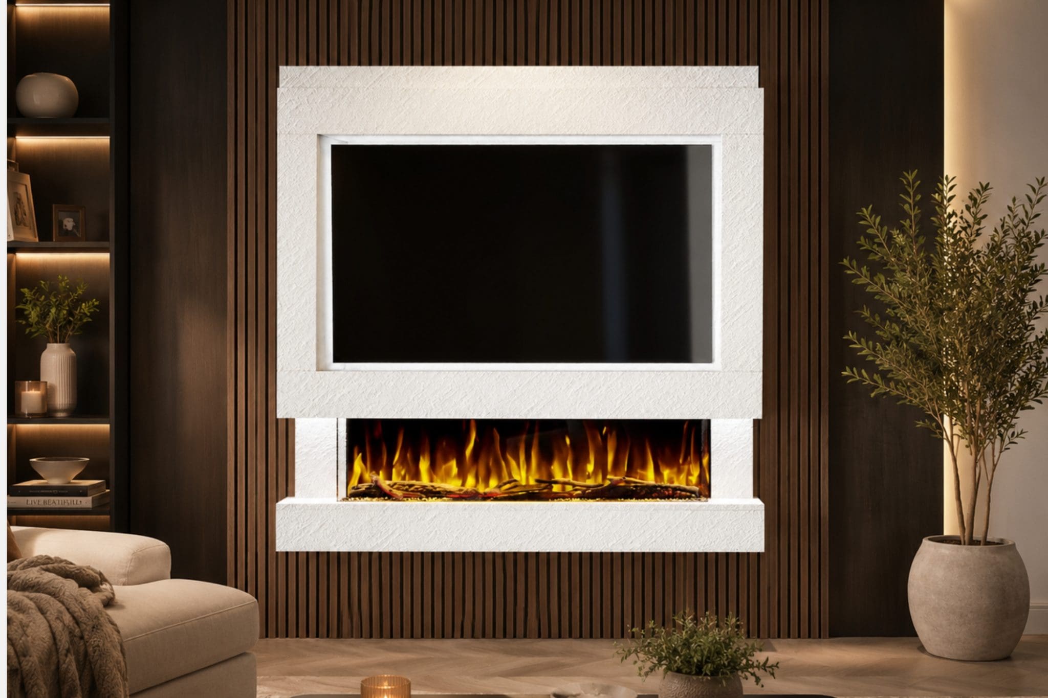Package 4 White Textured pre-built media wall with integrated electric fireplace and TV recess from Evolution Fires.