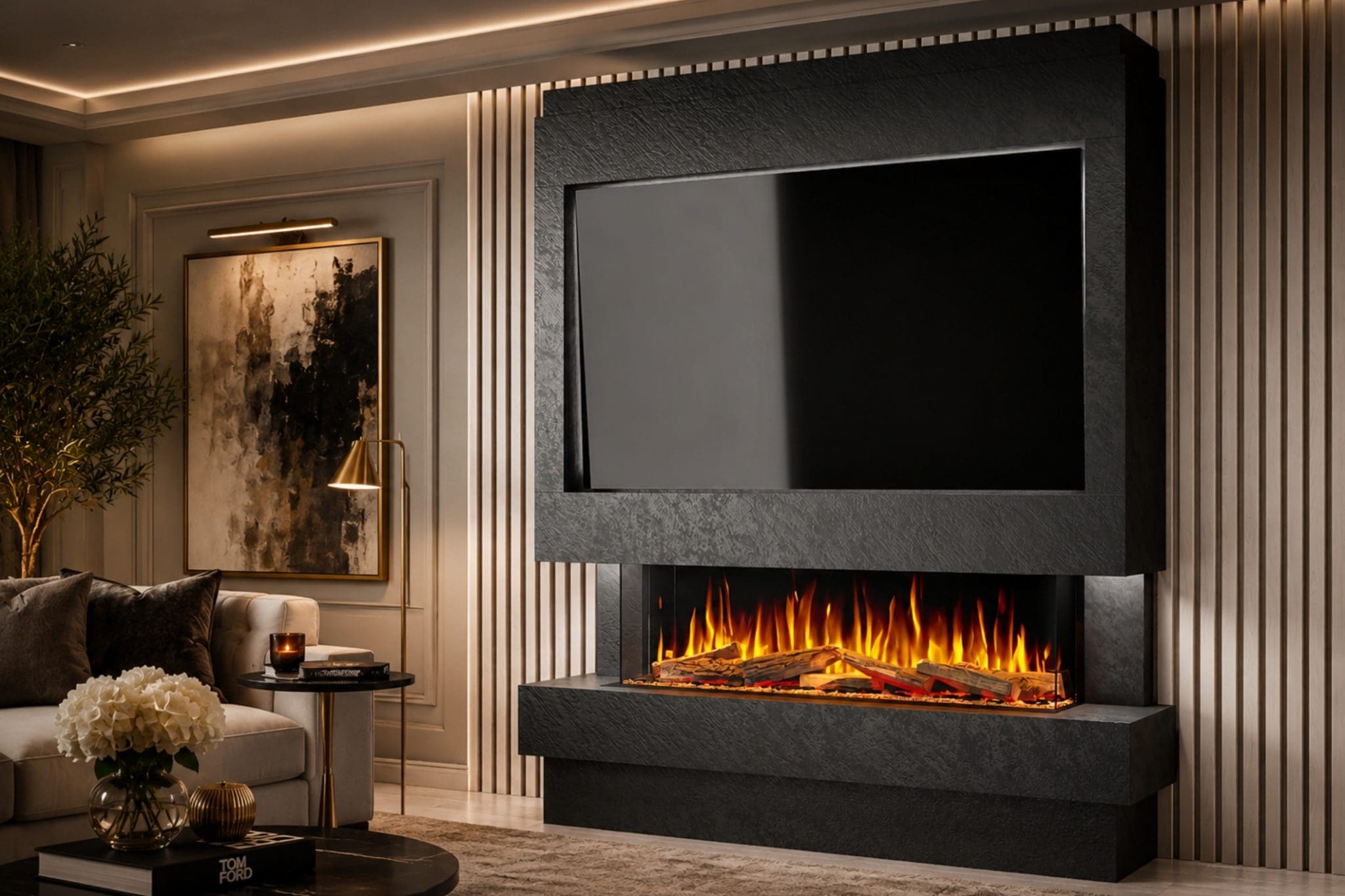 Package 10 Black Textured pre-built media wall with integrated electric fireplace and TV recess from Evolution Fires.