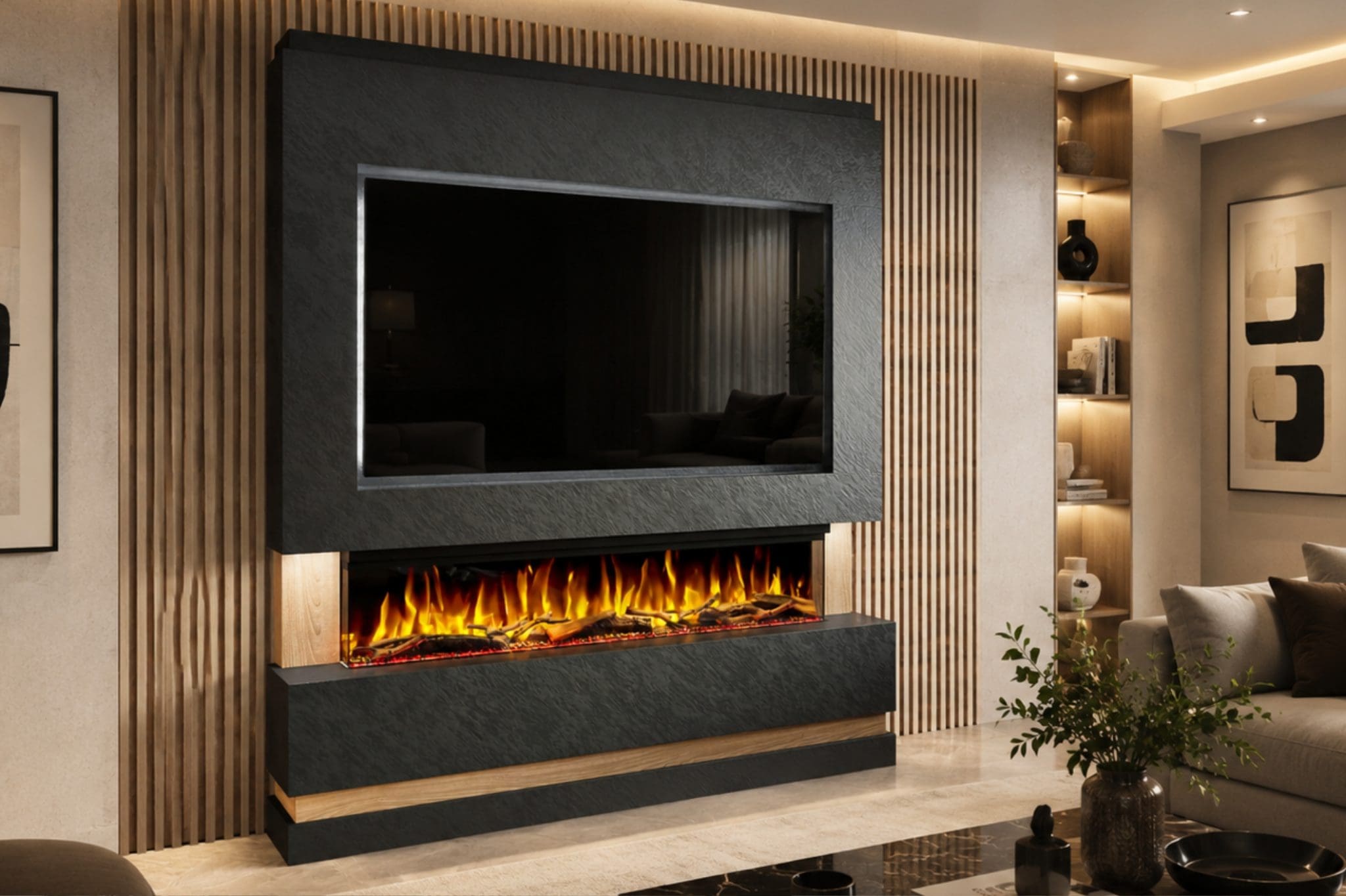 Package 14 Grey Textured from Evolution Fires is a pre-built media wall electric fireplace with a modern grey textured surround, TV recess and premium feature wall design.
