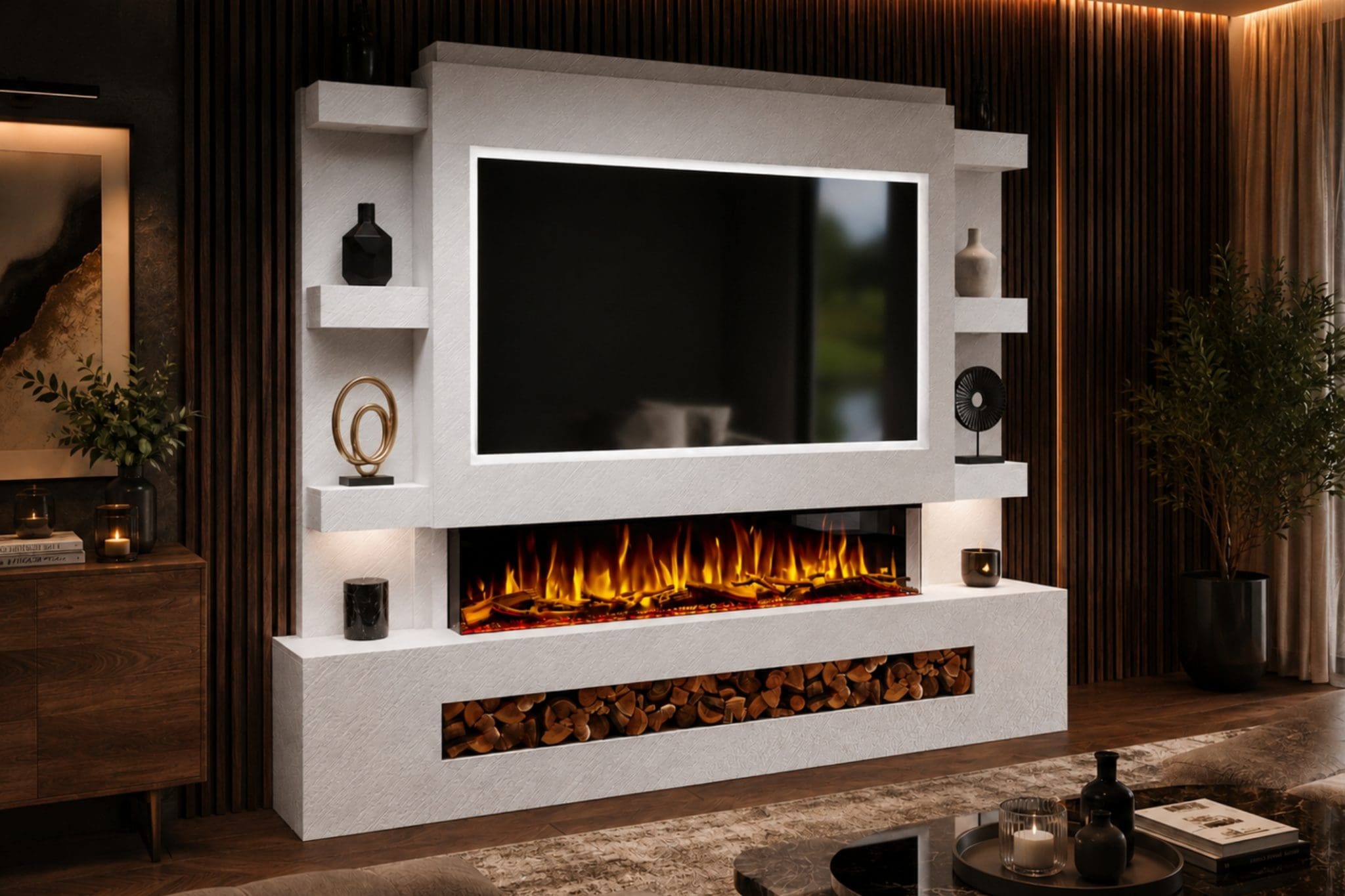 Package 15 White Textured pre-built media wall with integrated electric fireplace, TV recess, side shelving and log storage from Evolution Fires.