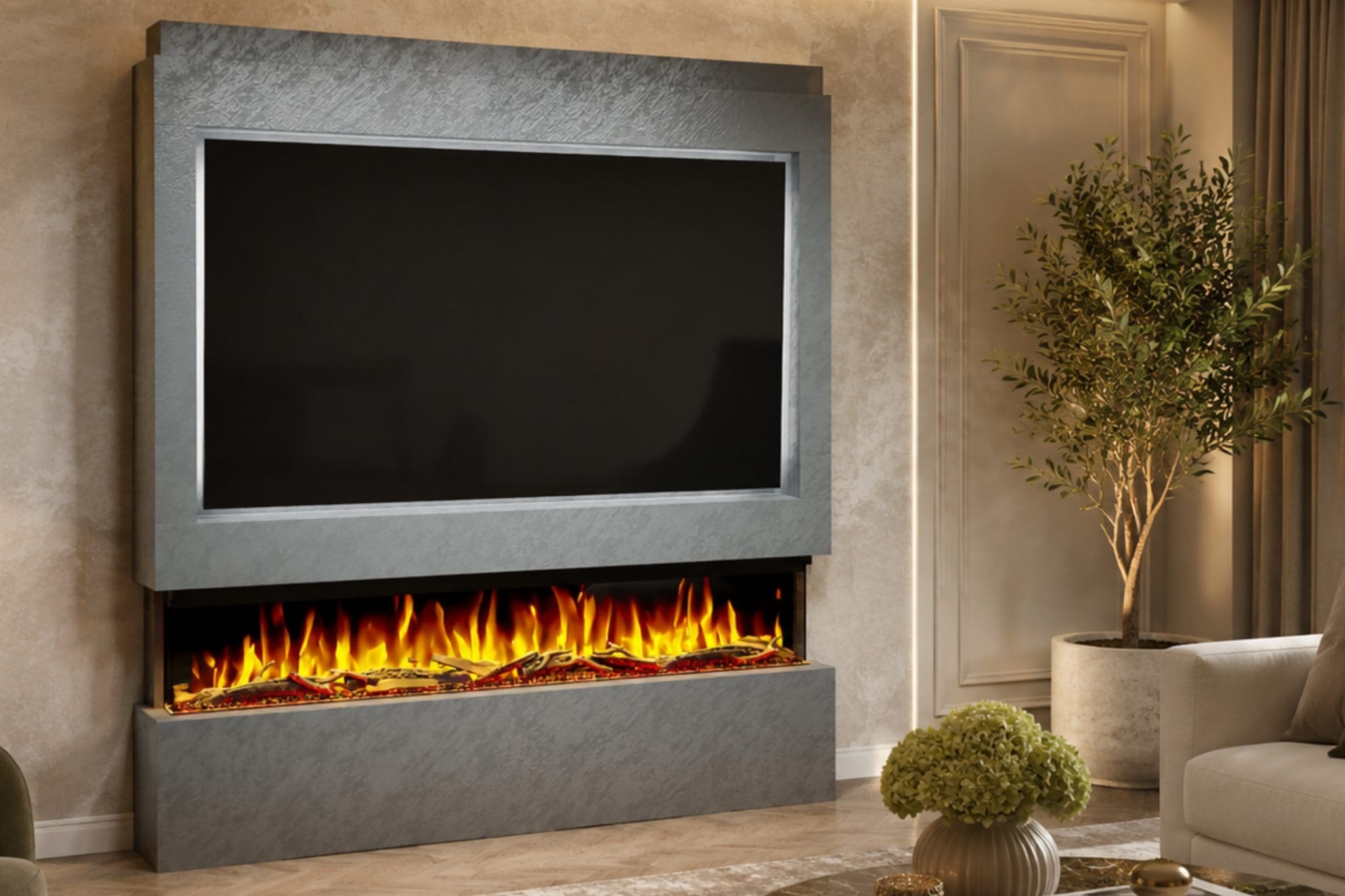 Package 9 Grey Textured pre-built media wall with integrated electric fireplace and TV recess from Evolution Fires.