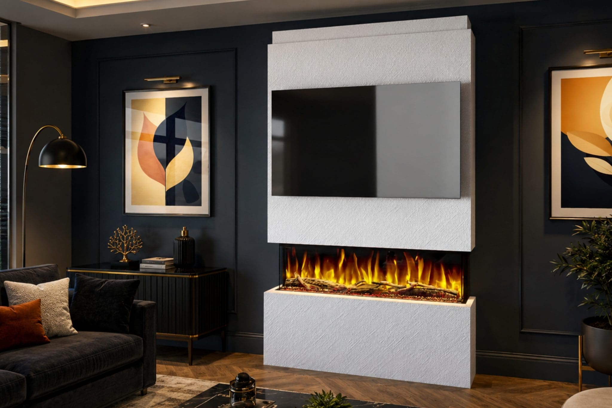 Package 18 White Textured pre-built media wall with integrated electric fireplace and TV recess from Evolution Fires.