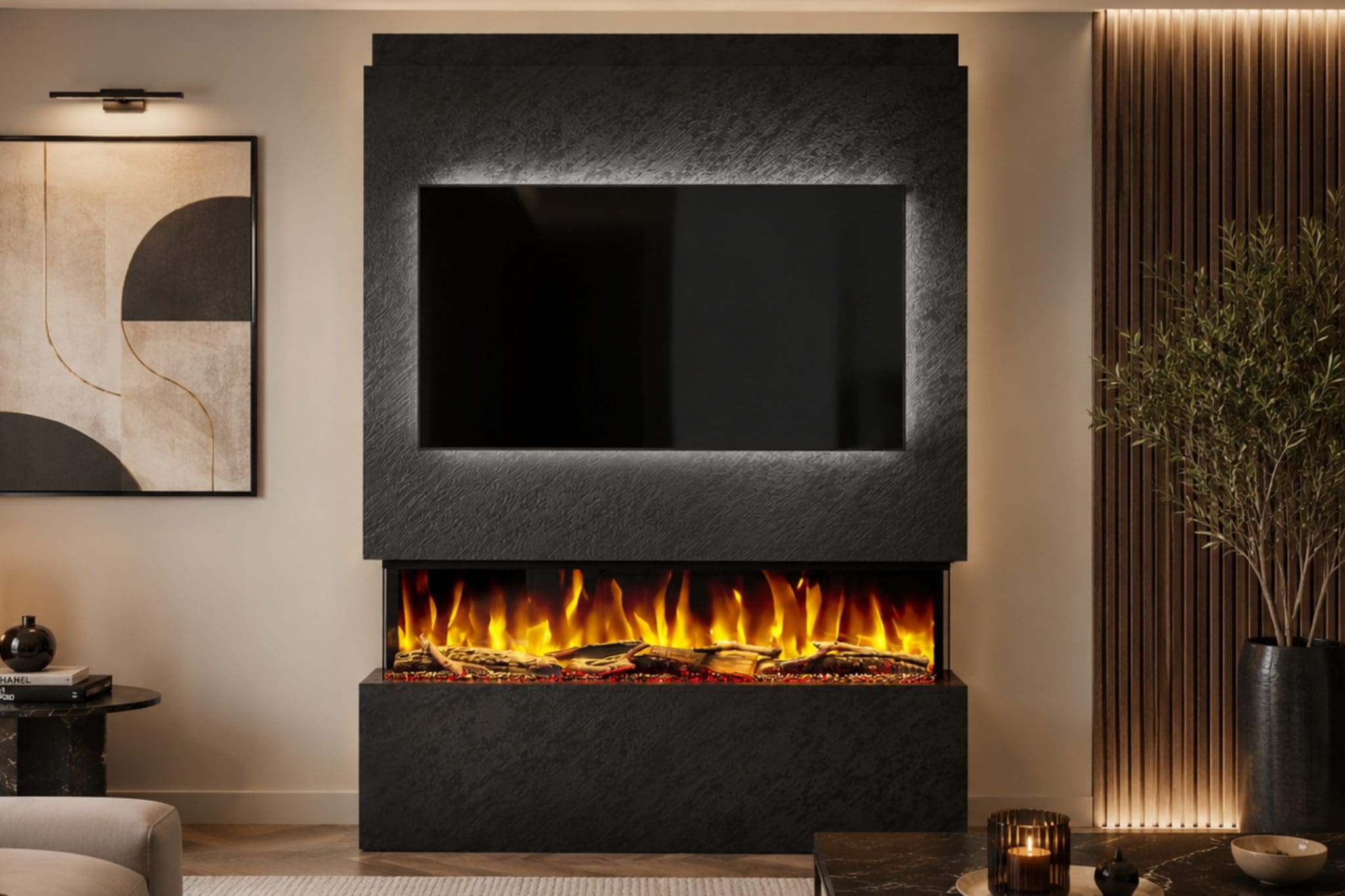 Package 19 Black Textured pre-built media wall with integrated electric fireplace and TV recess from Evolution Fires.