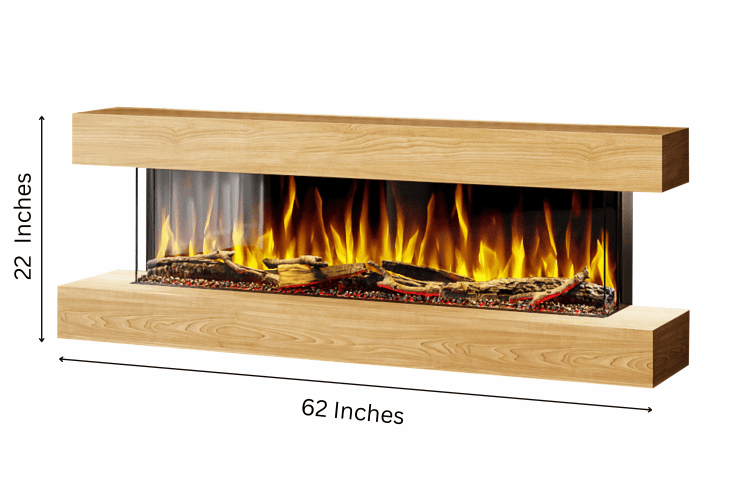 Studio 5 62-Inch Wall Mounted Electric Fireplace in Oak finish – wall-mounted electric fireplace with realistic flame effect by Evolution Fires