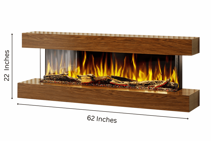 Studio 5 62-Inch Wall Mounted Electric Fireplace in Walnut finish – wall-mounted electric fireplace with realistic flame effect by Evolution Fires